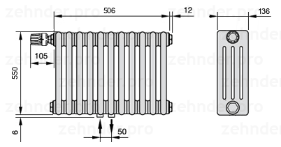 Схема (чертеж) Радиатор Zehnder Charleston 4055/11 №V007 Белый глянцевый RAL 9016